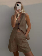 Comfortable Cotton and Linen Blend Vest and Shorts Set with Pockets - Perfect for Summer