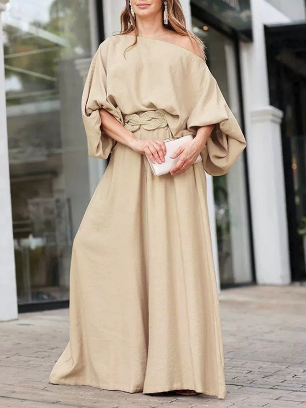 Elegant Off-Shoulder Lantern Sleeve Top and Pants Set - Comfortable Cotton