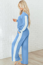 Beau Blue Floral Patchwork Drop Shoulder Pullover & Sweatpants Lounge Set - Cozy & Chic Loungewear