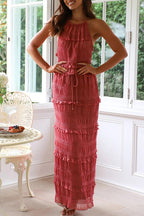 Elegant Sleeveless Chiffon Two-Piece Suit with Elastic Waist and Long Skirt