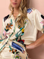 Unique Print Satin Button-Down Oversized Blouse - Modern Sophisticated Feel