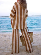 Women's Fashion Loose V-Neck Hollow Out Striped Shirt & Wide Leg Pants Set - Comfortable & Stylish Casual Vacation Wear