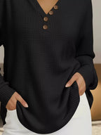 Full Size Casual Waffle Knit V-Neck Long Sleeve T-Shirt Plus Size