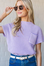 Lavendula Mineral Wash Ribbed Knit Patched Pocket Short Sleeve Loose Sweater