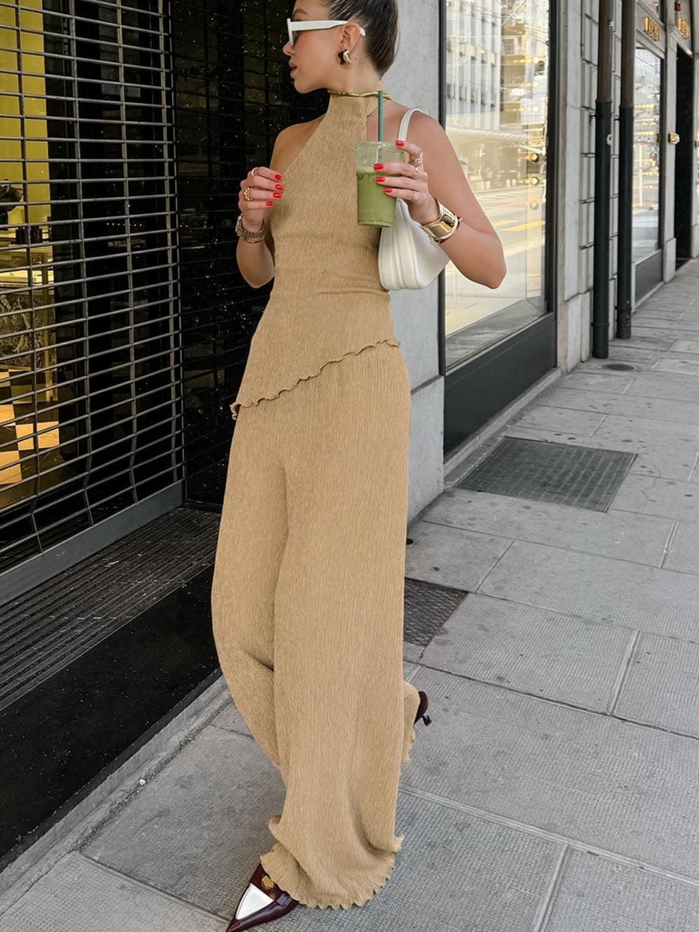 Elegant Halter Neck Pleated Textured Set with Matching Long Pants