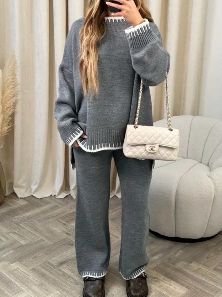 Elegant Geometric Pattern Crochet Long Sleeve Sweater and Pants Two-Piece Set for Women - Loose Fit Polyester Blend