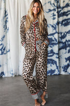 Khaki Leopard Print Colorblock Striped Edge Shirt and Pants Pajama Set