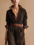 Women's Retro Dark Brown Suede Patchwork Plaid Collared Dress with Belt