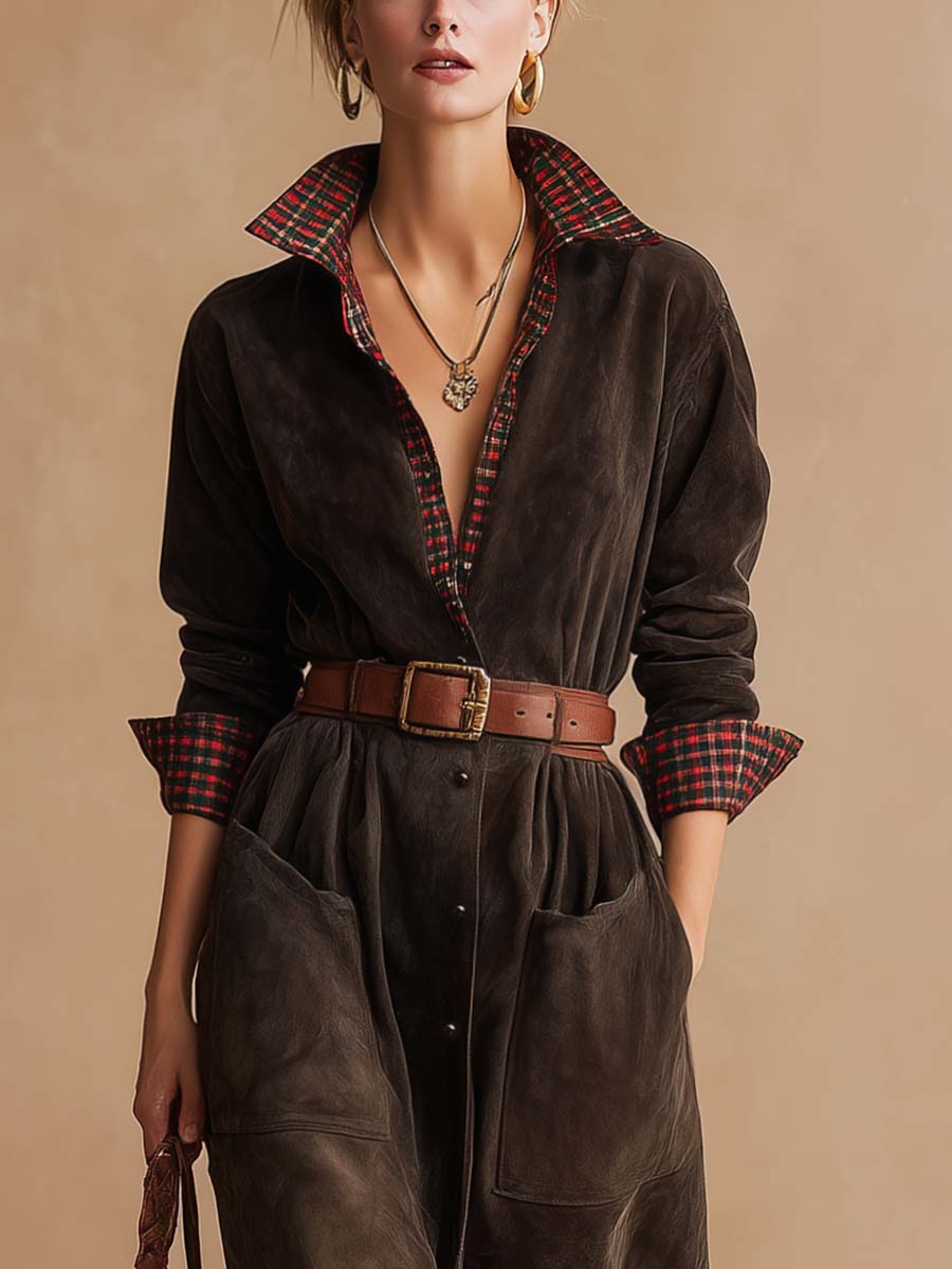 Women's Retro Dark Brown Suede Patchwork Plaid Collared Dress with Belt