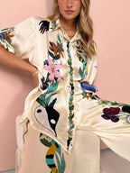 Unique Print Satin Button-Down Oversized Blouse - Modern Sophisticated Feel