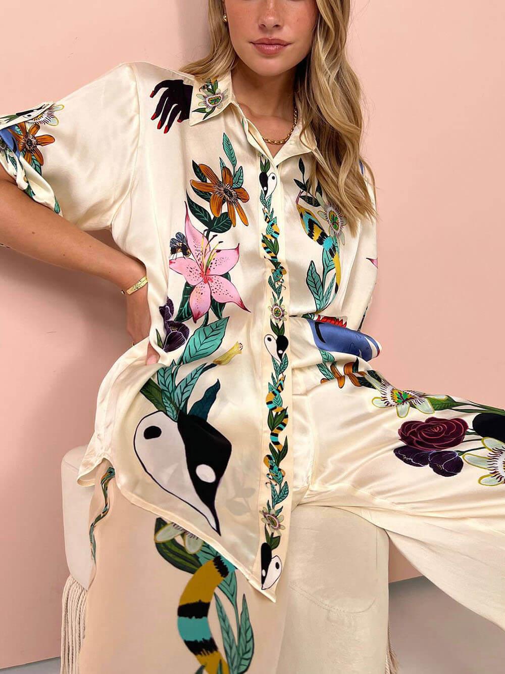 Unique Print Satin Button-Down Oversized Blouse - Modern Sophisticated Feel