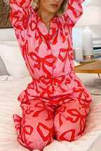Chic Pink 2-Piece Bow Print Shirt Style Long Sleeve Pajama Set for Women