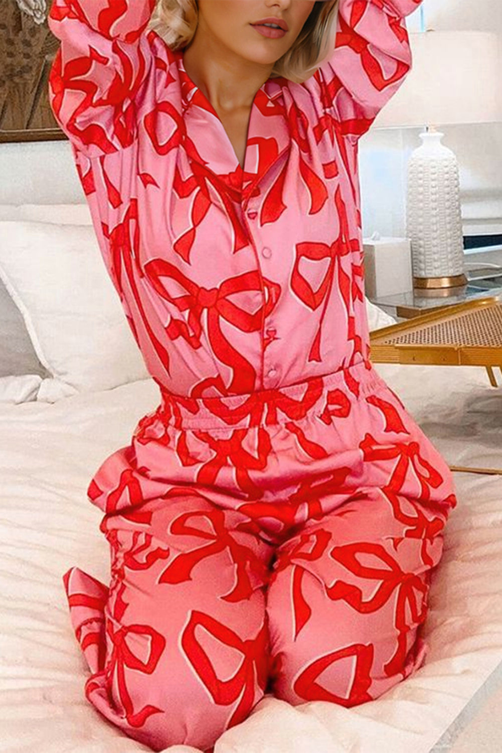 Chic Pink 2-Piece Bow Print Shirt Style Long Sleeve Pajama Set for Women