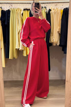 Fiery Red Varsity Striped Detail Crewneck Pullover Elastic Sweatpants 2pcs Outfit