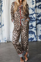 Khaki Leopard Print Colorblock Striped Edge Shirt and Pants Pajama Set