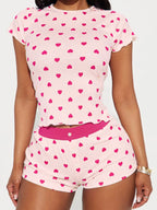Heart Print Top And Shorts Loungewear Set
