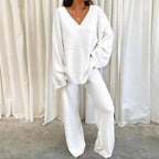 Elegant Solid Color V-Neck Two-Piece Set for Women - Casual & Fashionable