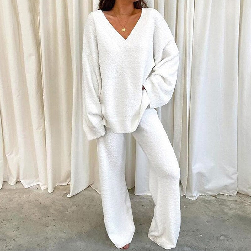 Elegant Solid Color V-Neck Two-Piece Set for Women - Casual & Fashionable