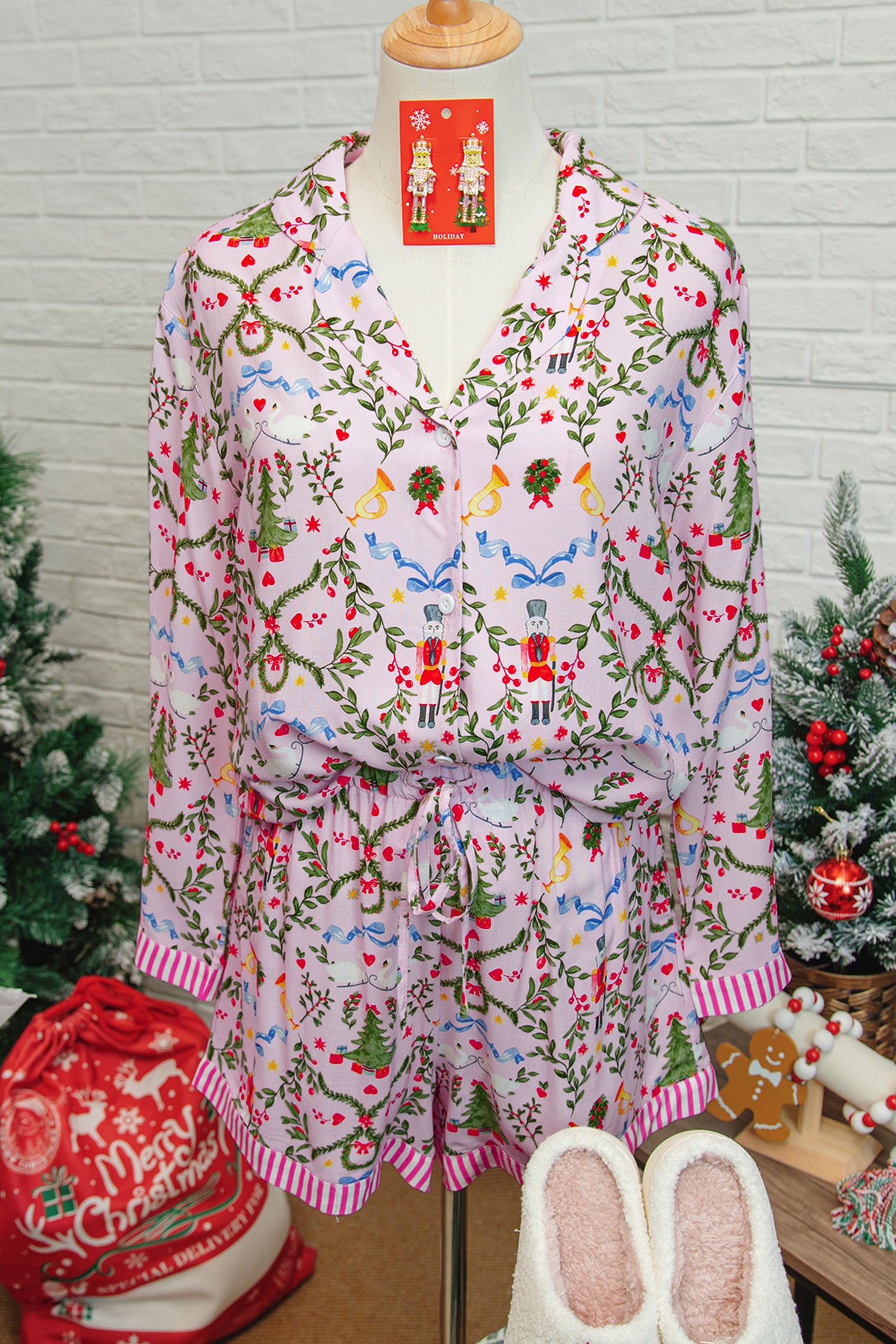 Festive Pink Christmas Holiday Print Nutcracker Long Sleeve Pajama Set with Shorts - 2 Piece Sleepwear