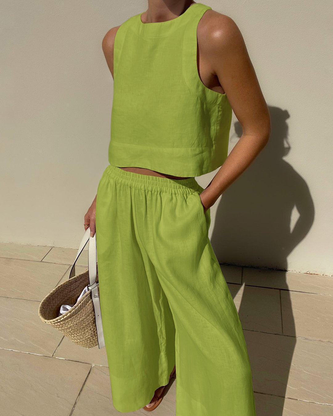 Women's Chic Solid Color Sleeveless Cotton 2-Piece Leisure Set