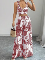 Chic Printed V-Neck Top and Loose Wide-Leg Pants Set for Women