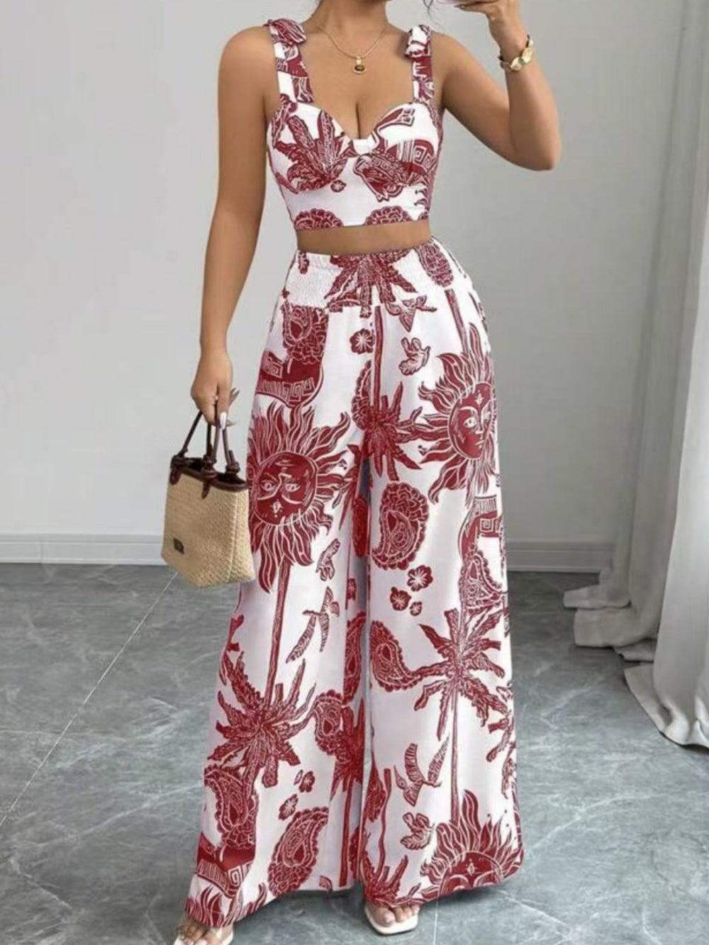 Chic Printed V-Neck Top and Loose Wide-Leg Pants Set for Women