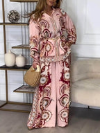 Men's Graffiti Print Lapel Long Sleeve Shirt and Loose Trousers Set - Casual Vacation Wear