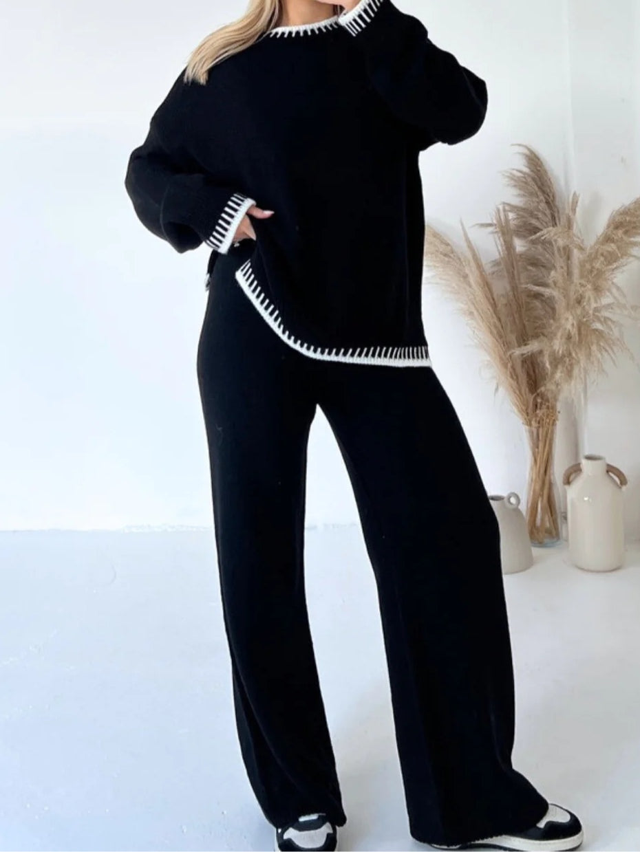 Elegant Geometric Pattern Crochet Long Sleeve Sweater and Pants Two-Piece Set for Women - Loose Fit Polyester Blend