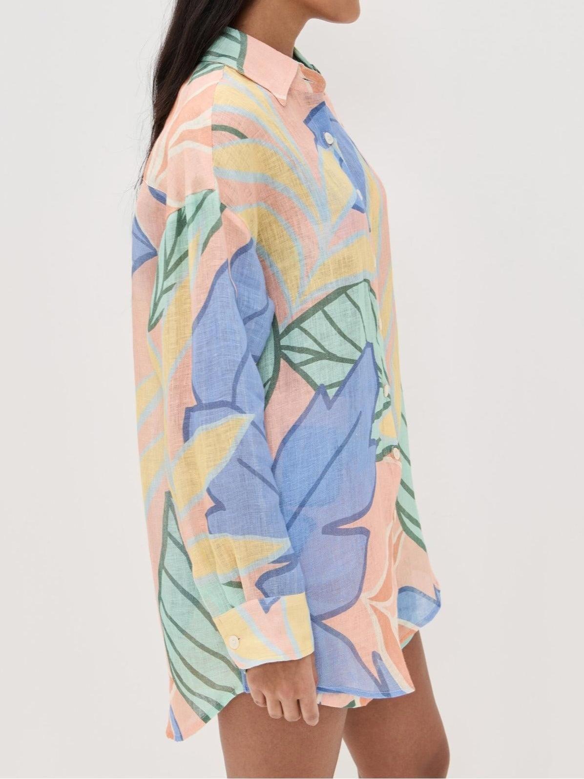 Playa Boyfriend Tropical Leaf Print Linen Blend Short Set for Summer Beachwear