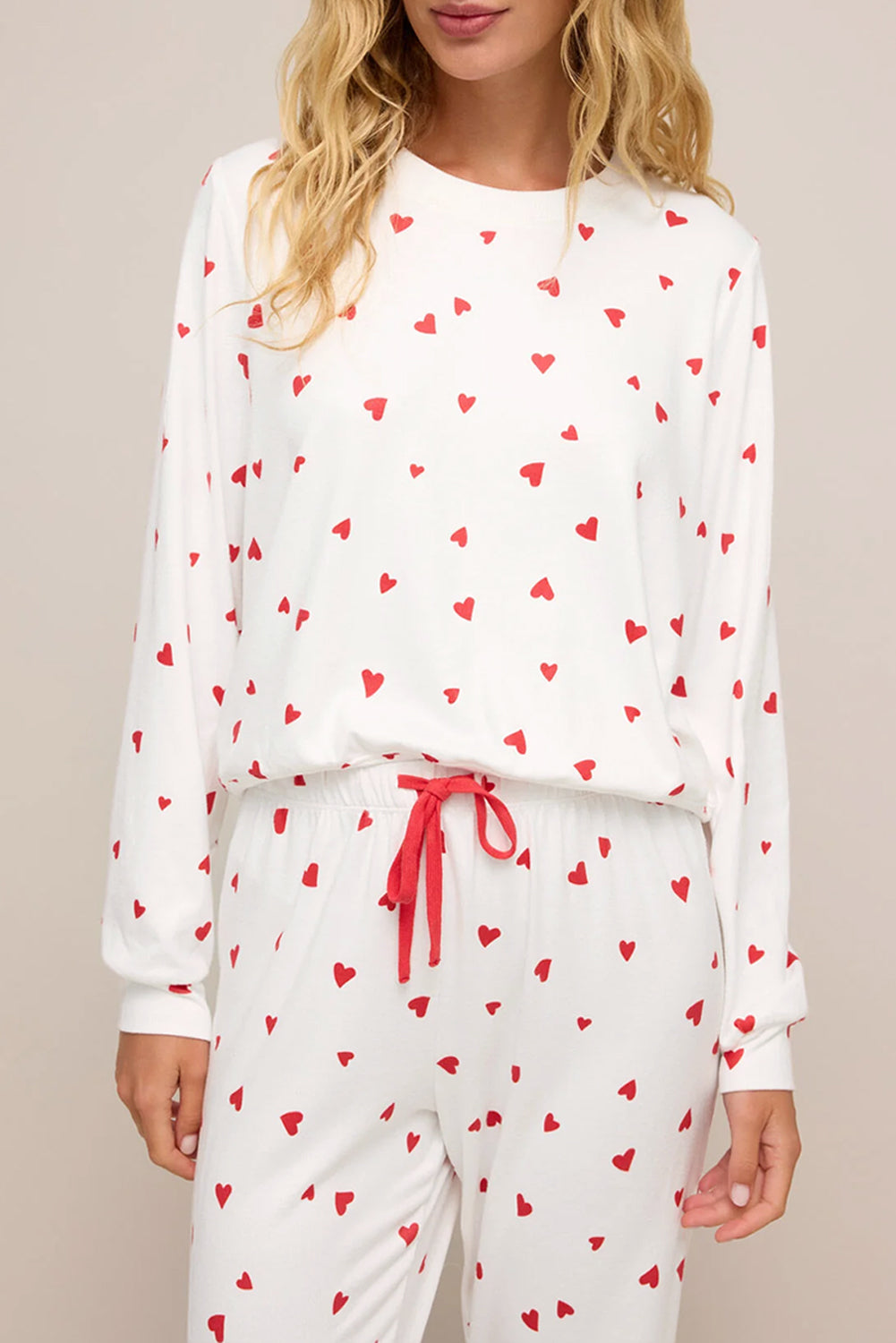 Fiery Red Tiny Hearts Printed Long Sleeve Top Drawstring Lounge Pant Set