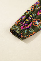 Green Floral Print Split Neck Bubble Sleeve Shift Mini Dress