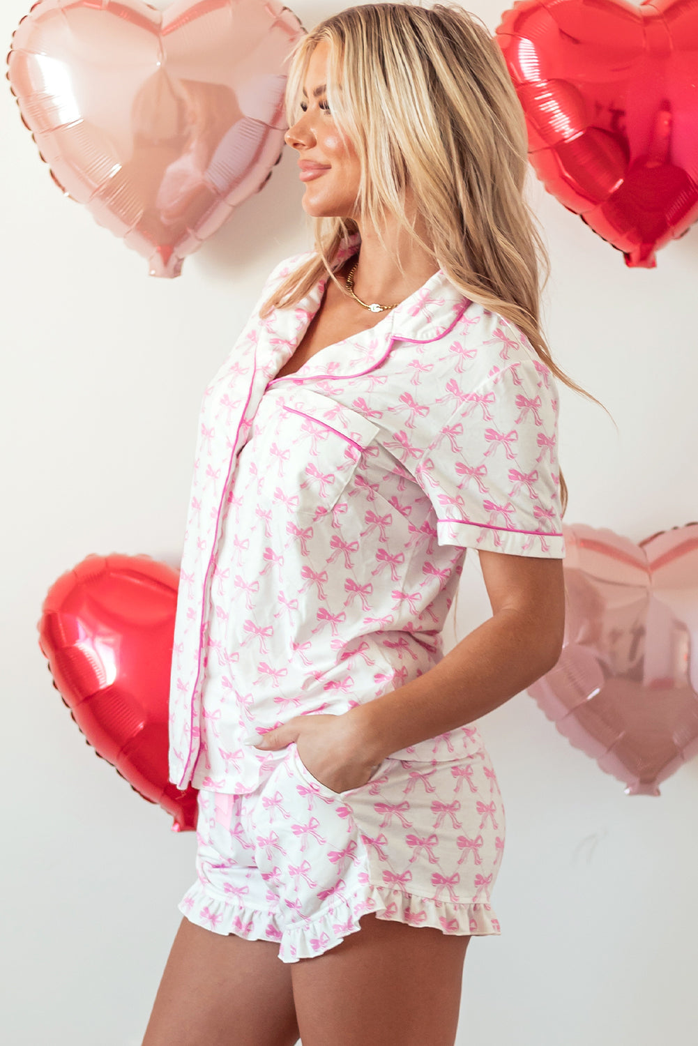 Cute Pink Bowknot Printed Short Sleeve Pajama Set with Ruffled Shorts