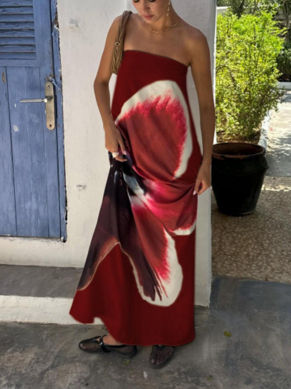 Women's Floral Print Backless High Waist Long Tube Top Dress