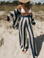 Women's Fashion Loose V-Neck Hollow Out Striped Shirt & Wide Leg Pants Set - Comfortable & Stylish Casual Vacation Wear