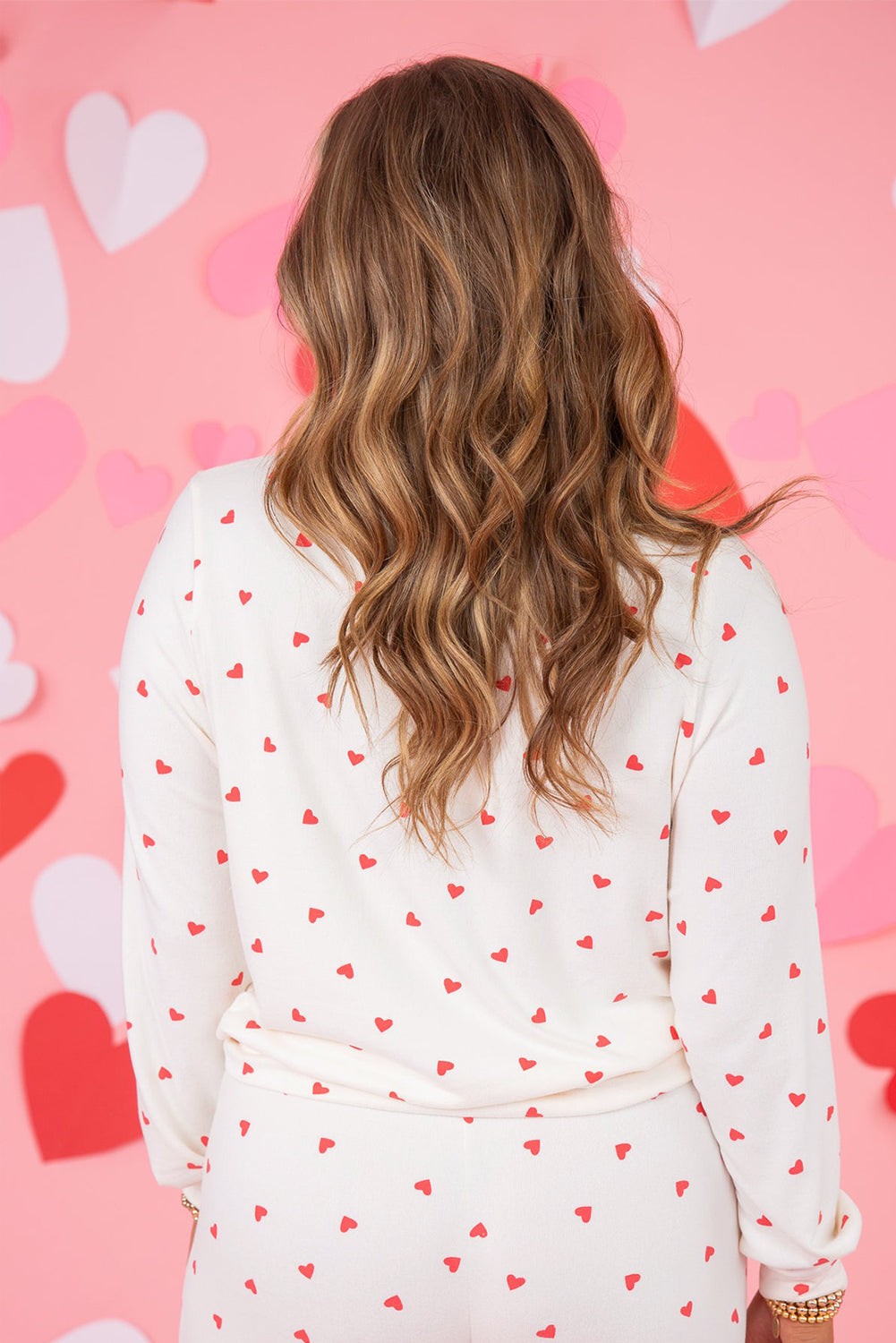 Fiery Red Tiny Hearts Print Long Sleeve Top & Drawstring Lounge Pants Set - Cozy & Breathable