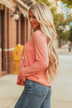 Fresh Salmon Floral Patchwork V Neck Long Sleeve T Shirt