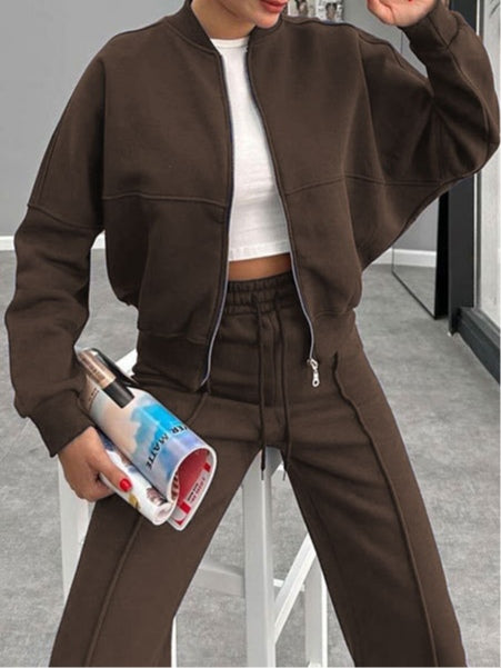 Women's Stylish Zippered Cardigan and Straight Pants Suit - Perfect for Autumn & Winter