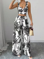 Chic Printed V-Neck Top and Loose Wide-Leg Pants Set for Women