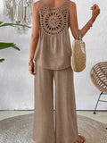 Elegant Solid Color Back Hollow Lace Set with Long Pants - Embroidered Polyester Suit