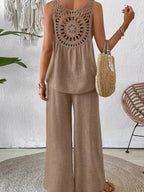 Elegant Solid Color Back Hollow Lace Set with Long Pants - Embroidered Polyester Suit