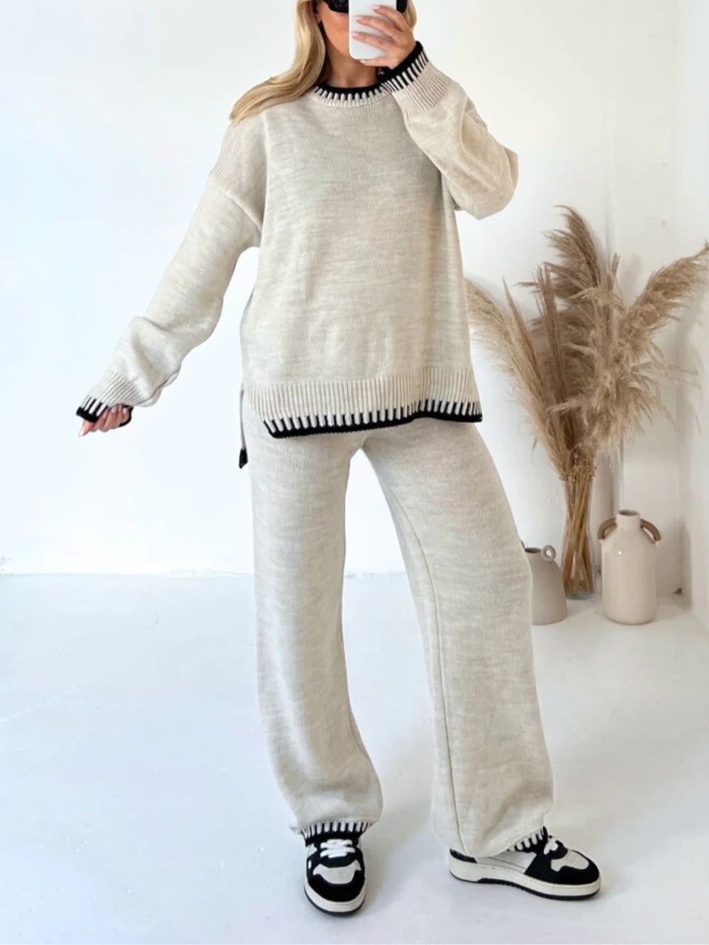 Elegant Geometric Pattern Crochet Long Sleeve Sweater and Pants Two-Piece Set for Women - Loose Fit Polyester Blend