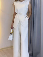 Chic Round Neck Sleeveless Top & Wide-Leg Pants Suit - Elegant Polyester Set