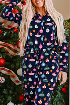Navy Blue Christmas Lights Print Shirt and Pants Pajama Set - Festive & Comfortable