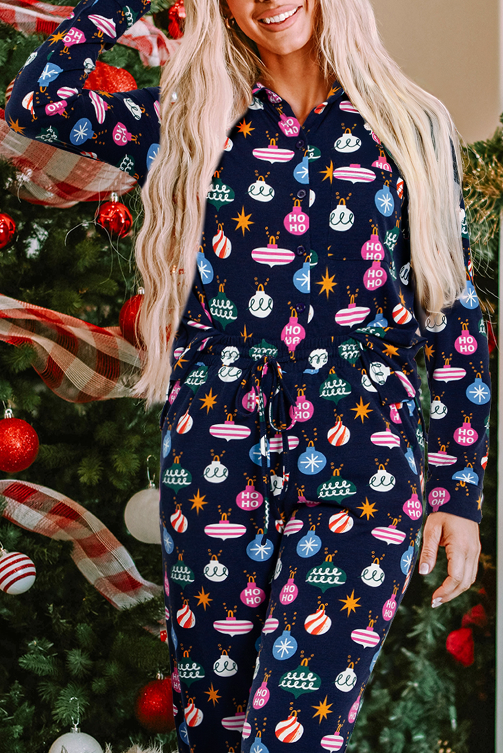 Navy Blue Christmas Lights Print Shirt and Pants Pajama Set - Festive & Comfortable