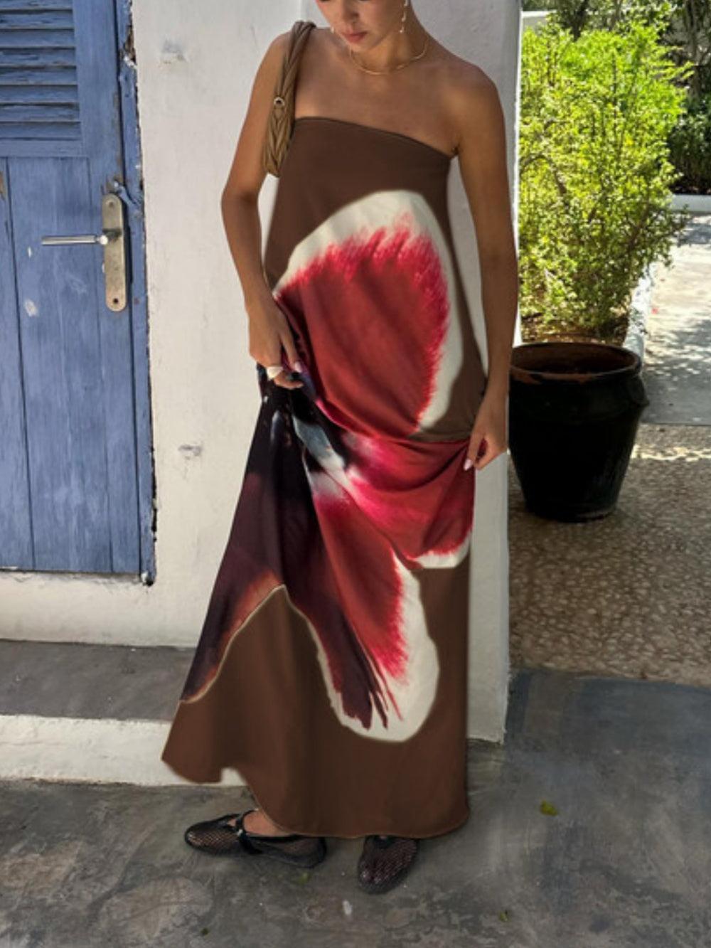 Women's Floral Print Backless High Waist Long Tube Top Dress