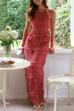Elegant Sleeveless Chiffon Two-Piece Suit with Elastic Waist and Long Skirt