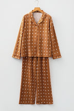 Brown Polka Dot Print Long Sleeve Shirt and Pant 2-Piece Pajama Set for Women - Comfortable Sleepwear