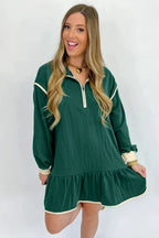 Evergreen Contrast Trim Zip Collar Long Sleeve Ruffle Hem Mini Dress
