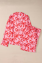 Chic Pink 2-Piece Bow Print Shirt Style Long Sleeve Pajama Set for Women
