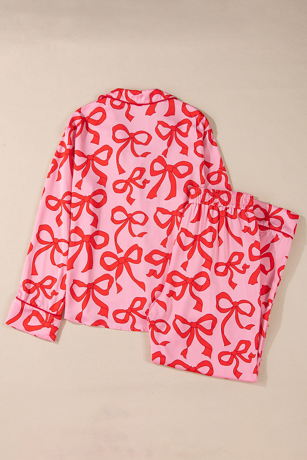 Chic Pink 2-Piece Bow Print Shirt Style Long Sleeve Pajama Set for Women